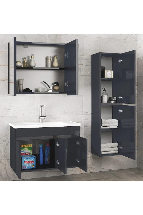 Alfa Banyo Viola3-Antrasit 80+35 cm MDF-Aynalı Seramik Lavabolu Banyo Dolabı Takımı--HAZIR KURULU-- ürün görseli 1