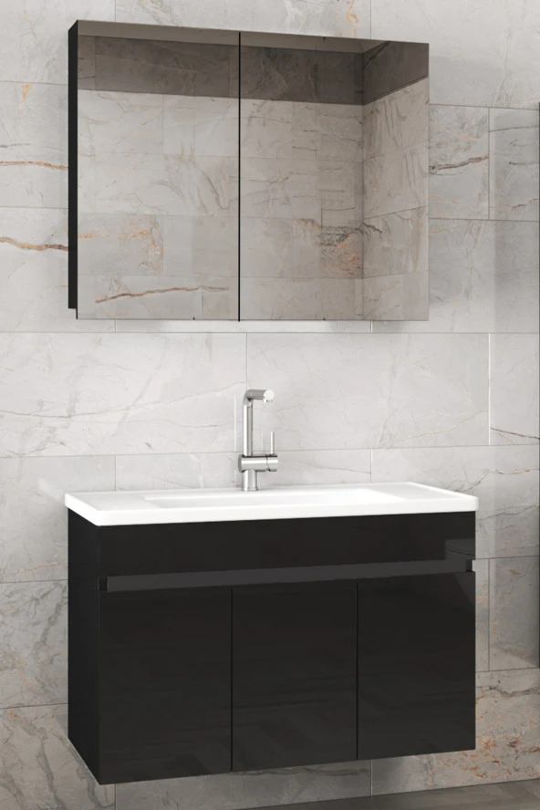 Alfa Banyo Viola3 Siyah 80 Cm Mdf-Ayna Dolaplı Banyo Dolabı-lavabolu Banyo Dolabı--HAZIR KURULU- ürün görseli 1