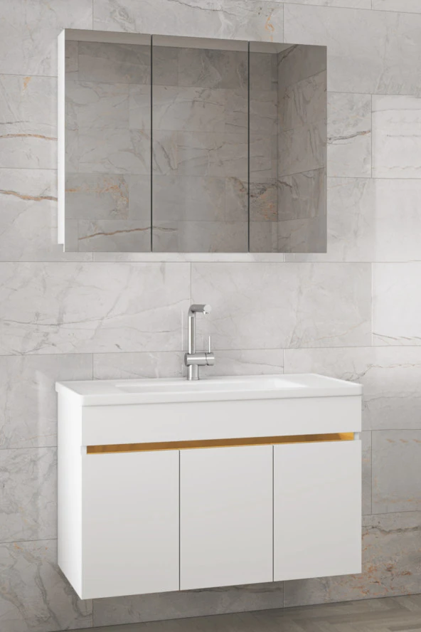 Alfa Banyo Viola3-S Beyaz 100 cm MDF-Aynalı Seramik Lavabolu Banyo Dolabı Takımı-HAZIR KURULU ürün görseli 1