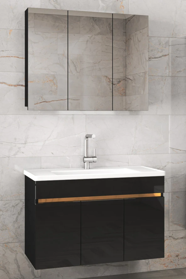 Alfa Banyo Viola3-S Siyah 100 cm MDF-Aynalı Seramik Lavabolu Banyo Dolabı Takımı ürün görseli 1