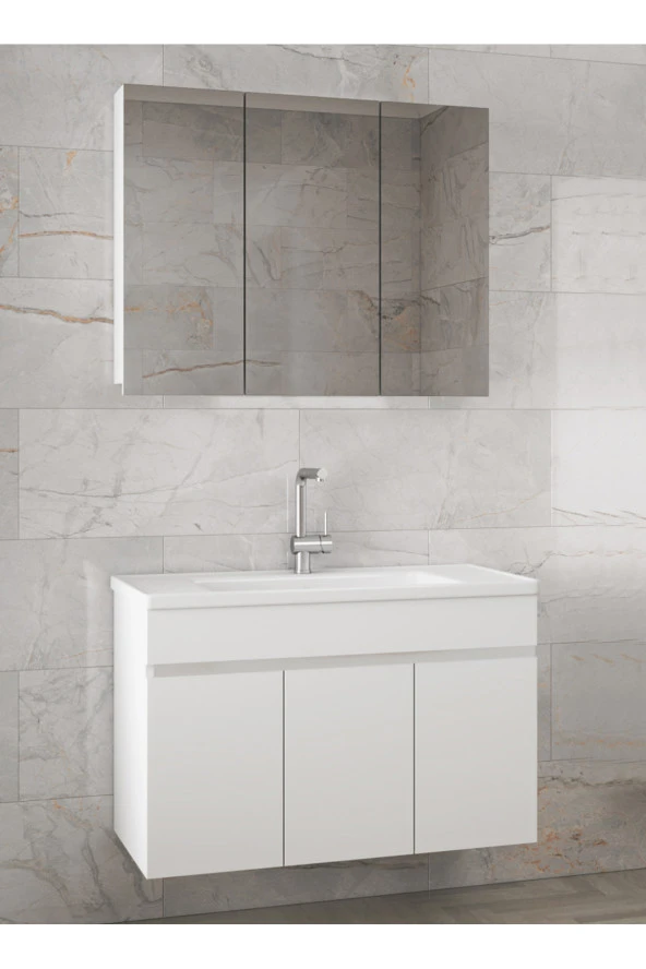 Alfa Banyo Viola3-Beyaz 100 cm MDF-Aynalı Seramik Lavabolu Banyo Dolabı Takımı-HAZIR KURULU- ürün görseli 1