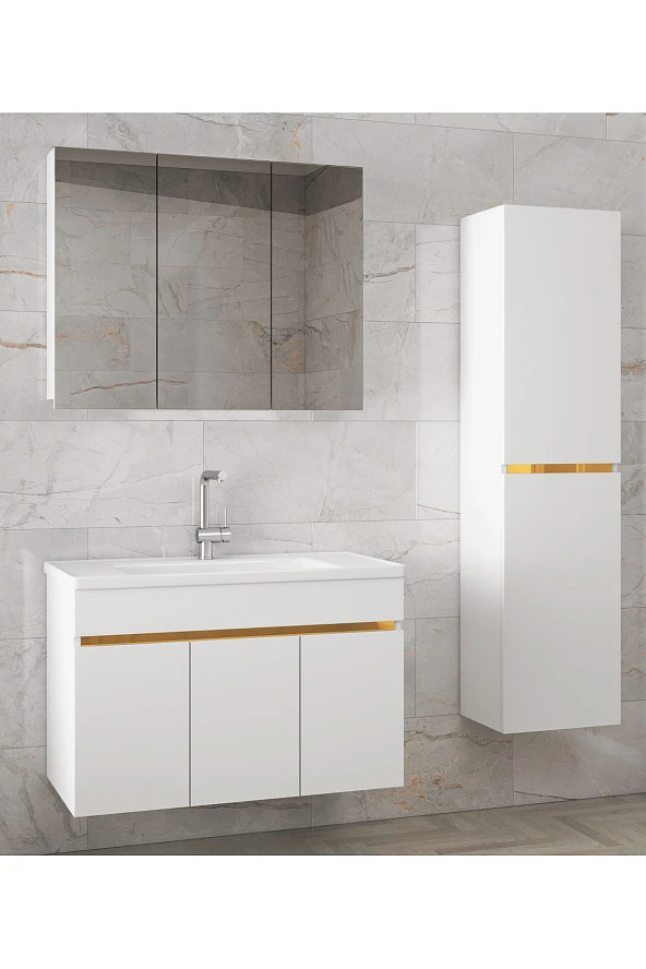 Alfa Banyo Viola3-S Beyaz 100+35 cm MDF-Aynalı Seramik Lavabolu Banyo Dolabı Takımı-HAZIR KURULU ürün görseli 1
