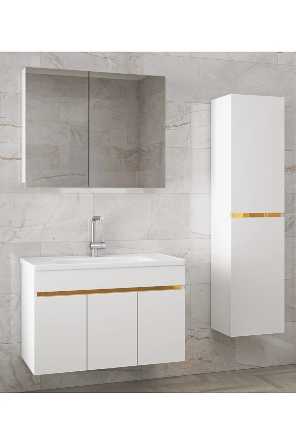 Alfa Banyo Viola3-S Beyaz 80+35 cm MDF-Aynalı Seramik Lavabolu Banyo Dolabı Takımı-HAZIR KURULU ürün görseli 1