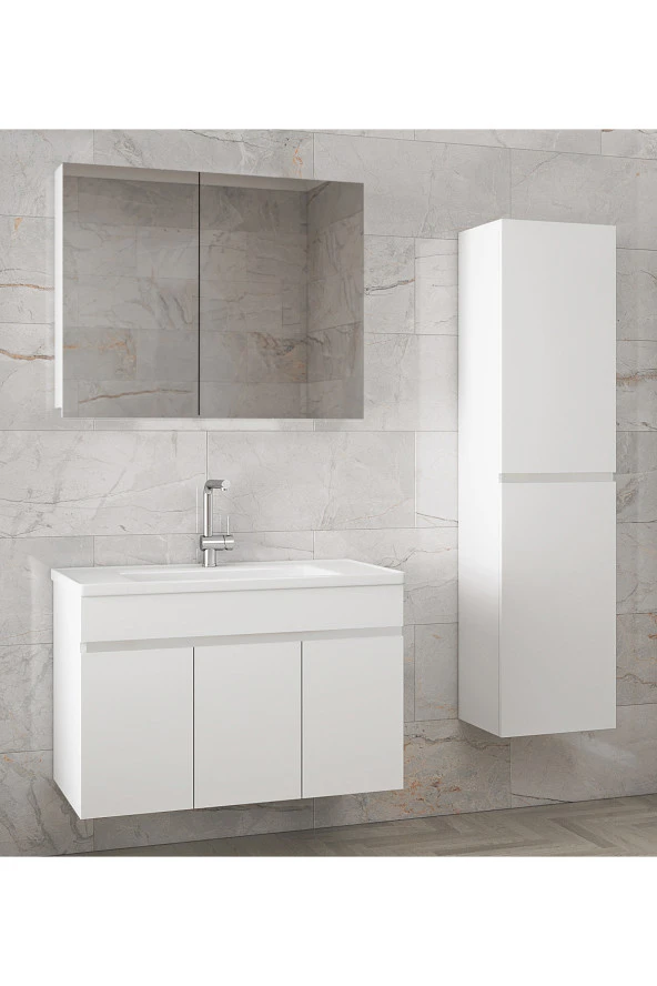 Alfa Banyo Viola3-Beyaz 80+35 cm MDF-Aynalı Seramik Lavabolu Banyo Dolabı Takımı-HAZIR KURULU ürün görseli 1