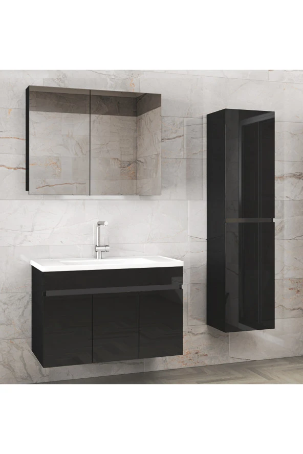 Alfa Banyo Viola3-Siyah 80+35 cm MDF-Aynalı Seramik Lavabolu Banyo Dolabı Takımı-HAZIR KURULU ürün görseli 1