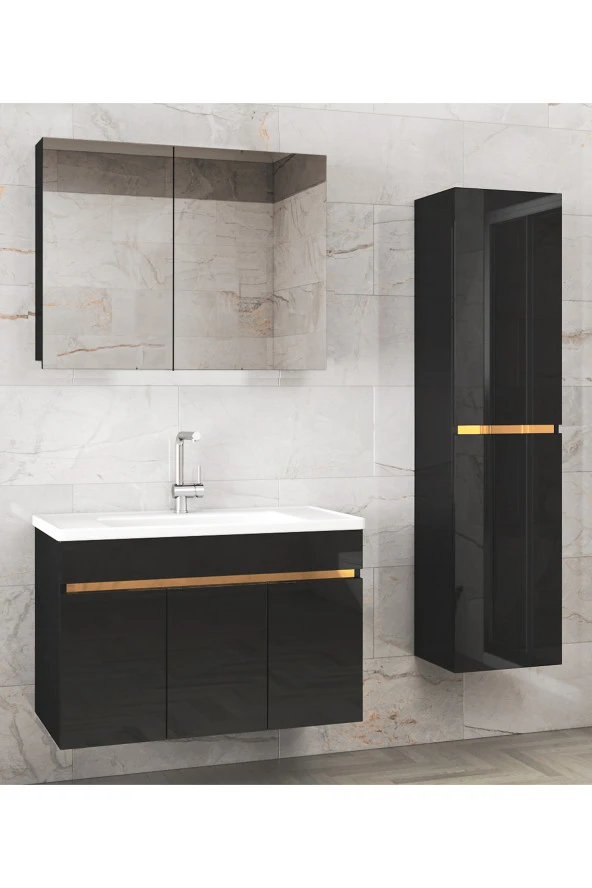 Alfa Banyo Viola3-S Siyah 80+35 cm MDF-Aynalı Seramik Lavabolu Banyo Dolabı TakımıHAZIR KURULU ürün görseli 1