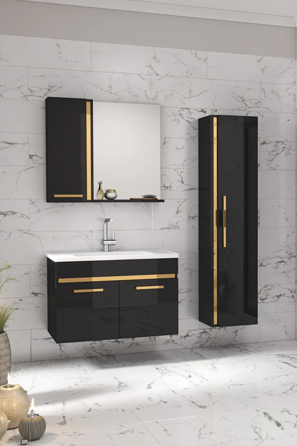 Alfa Banyo Yeni Gold SİYAH (65+35) 100 Cm Boy Dolaplı lavabolu banyo dolabı Takımı--HAZIR KURULU ürün görseli 1