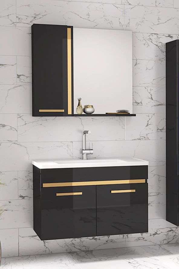 Alfa Banyo Yeni Gold SİYAH 65 Cm lavabolu banyo dolabı Takımı--HAZIR KURULU ürün görseli 1