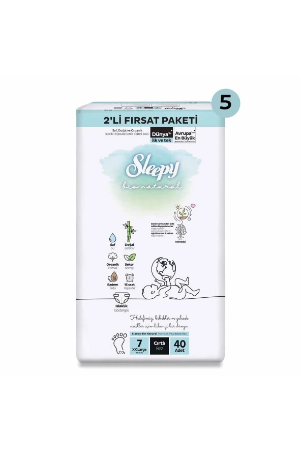 Sleepy Bio Natural 2'Li Ultra Fırsat Paketi Bebek Bezi 7 Numara Xxlarge 200 Adet - Resim 2