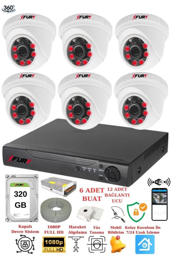 FURY 6 Kameralı 5mp 3.6mm Lens 2mp Görüntü 6 Atom Led Gece Görüşlü FullHd Güvenlik Kamerası 1412A 320GB ürün görseli 1