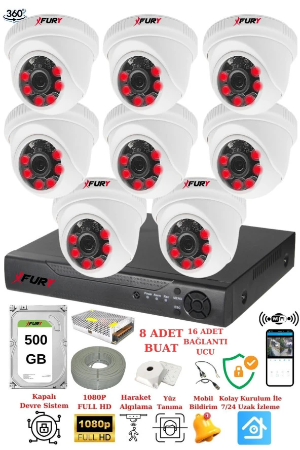 FURY 8 Kameralı 5mp 3.6mm Lens 2mp Görüntü 6 Atom Led Gece Görüşlü FullHd Güvenlik Kamerası 1412A 500GB ürün görseli 1