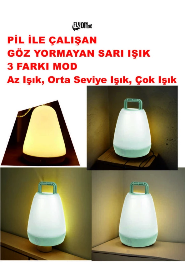 DOKUNMATİK TUŞLU 3. MODLU PİLLE ÇALIŞAN KAMP LAMBASI SARI IŞIK VE ORTAM AYDINLATMA FENERİ ürün görseli 1
