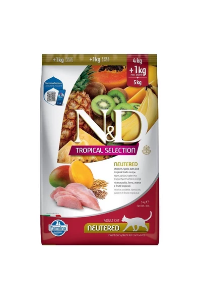 N&D Tropikal Selection Tavuklu Kısırlaştırılmış Yetişkin Kedi Maması 4+1 Kg ürün görseli 1