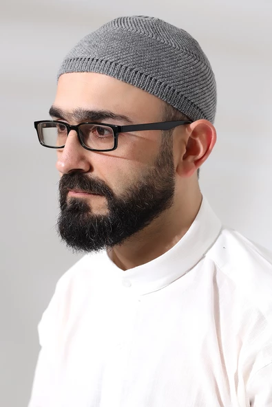 Gri Süper Namaz Dantel Detaylı Örme Orlon Namaz Takkesi ürün görseli 1
