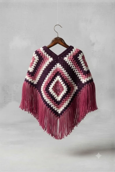 El Örgüsü Renkli Pembe Çocuk Panço - Resim 4