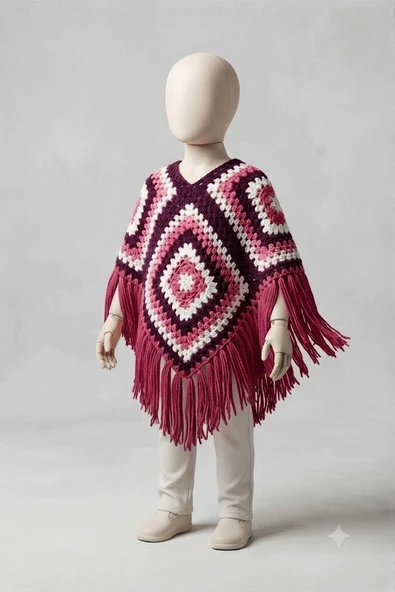 El Örgüsü Renkli Pembe Çocuk Panço ürün görseli 1