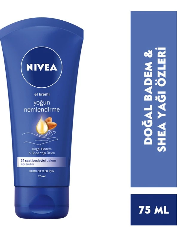 NIVEA Yoğun Nemlendirici El  Kremi 75ml Doğal Badem Yağı ve Shea Yağı Özleri 24 Saat Besleyici Bakım Yoğun Nemlendirme Kuru Ciltler İçin ürün görseli 1