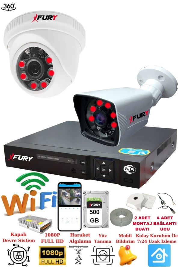 FURY 2 Kameralı 5mp 3.6mm Lens 2mp Görüntü 6 Atom Led Gece Görüşlü FullHd Güvenlik Kamerası 5525di 500GB ürün görseli 1