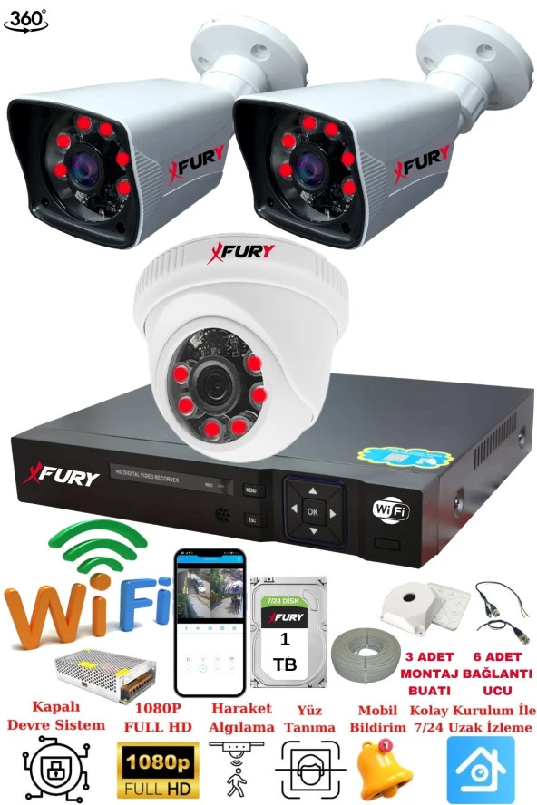 FURY 3 Kameralı 5mp 3.6mm Lens 2mp Görüntü 6 Atom Led Gece Görüşlü FullHd Güvenlik Kamera 5525di1TB ürün görseli 1