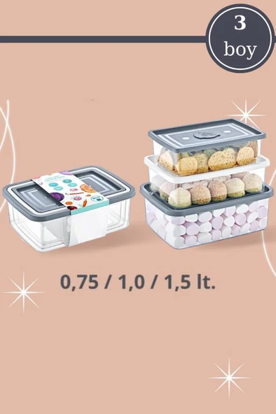 Flora 3’lü Dikdörtgen Erzak Saklama Kabı, Modüler Muhafaza Kutusu 3’lü Set (750ml,1000ml,1500ml) ürün görseli 1