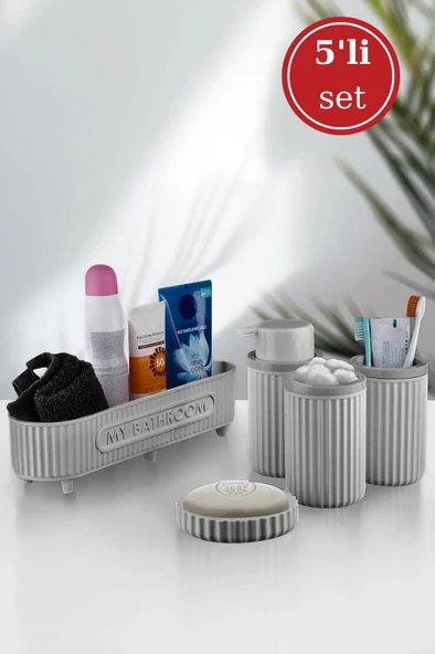 Flora 5 Parça Banyo Seti (Çok Amaçlı Sepet, Sıvı Sabunluk, Katı Sabunluk, Diş Fırçalık, Pamukluk) Gri ürün görseli 1