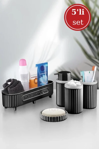 Flora 5 Parça Banyo Seti (Çok Amaçlı Sepet, Sıvı Sabunluk, Katı Sabunluk, Diş Fırçalık, Pamukluk) Siyah ürün görseli 1