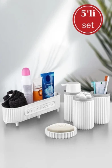 Flora 5 Parça Banyo Seti (Çok Amaçlı Sepet, Sıvı Sabunluk, Katı Sabunluk, Diş Fırçalık, Pamukluk) Beyaz ürün görseli 1
