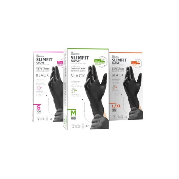Slımfıt Glove Pudrasız Tek Kullanımlık Gıdaya Uygun Yeni Nesil Teknoloji Siyah M Beden Eldiven 100'lü Paket ürün görseli 1