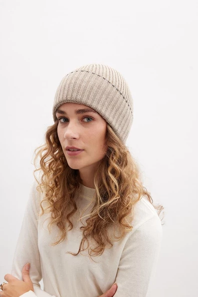Peraluna SORREL BEANIE Çizgi Detaylı Ribana Örgü Kadın Triko Bere - Sütlü Kahve ürün görseli 1