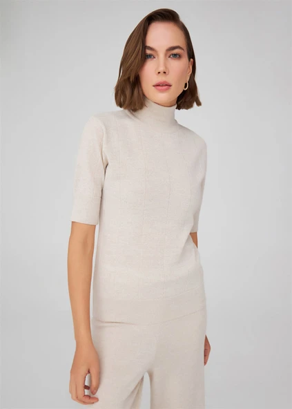 Peraluna BETTY BLOUSE Balıkçı Yaka Kısa Kollu İnce Basic Kadın Triko Bluz - Ekru Melanj ürün görseli 1