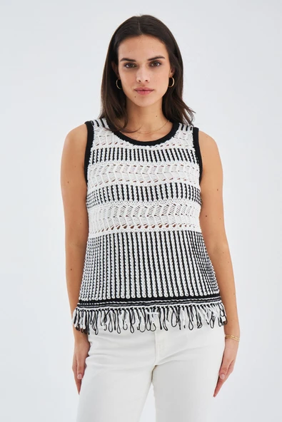 Peraluna KIYO BLOUSE Püskül Detaylı Kolsuz Yazlık Kadın Triko Bluz - Ekru/Siyah ürün görseli 1
