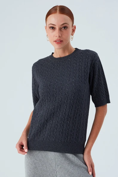 Peraluna NICOLE BLOUSE Saç Örgülü Kısa Kollu Kaşmirli Kadın Triko Bluz - Antrasit ürün görseli 1