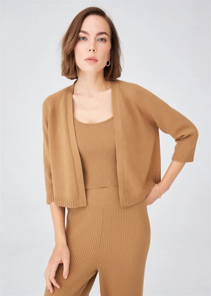 Peraluna Reglan Kollu Kaşmir Karışım Kısa Kadın Triko Bolero - Camel Melanj ürün görseli 1