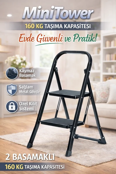 ERTEKPA 2 Basamak Siyah Merdiven Geniş Metal Basamaklı Minitower ürün görseli 1