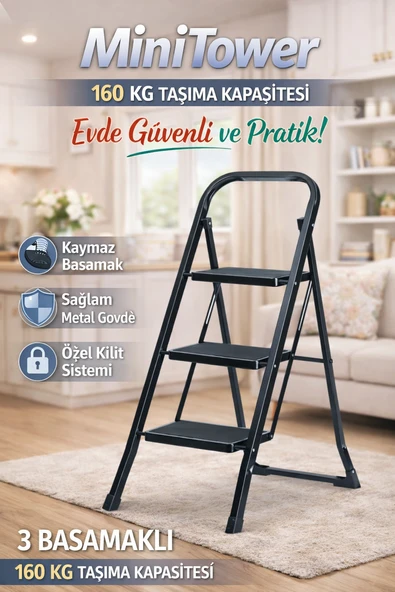 ERTEKPA 3 Basamak Siyah Merdiven Geniş Metal Basamaklı Minitower MT3 ürün görseli 1