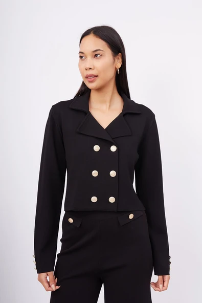 Styleboom X Peraluna KATHY BLAZER Çelik Örgü Crop Kruvaze Blazer Kadın Triko Ceket - Siyah ürün görseli 1