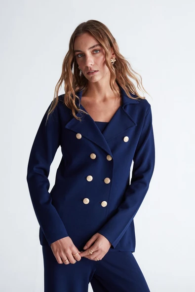 Styleboom X Peraluna KATHERINE BLAZER Çelik Örgü Klasik Kesim Düğmeli Blazer Kadın Triko Ceket - Lacivert ürün görseli 1