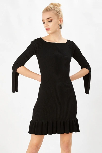 Peraluna Ribanalı Fırfırlı Kadın Abiye Elbise - SİYAH ürün görseli 1