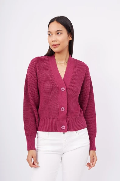 Peraluna OLIVIA CARDIGAN Selanik Örgü %100 Pamuk V Yaka Kadın Triko Hırka - Vişne ürün görseli 1