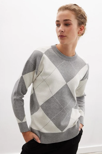 Styleboom X Peraluna OXFORD PULLOVER Bisiklet Yaka Baklava Desen Kadın Triko Kazak - Gri Melanj ürün görseli 1