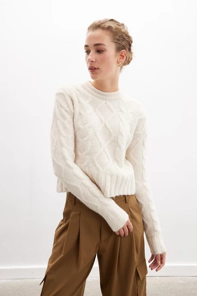 Peraluna ADELINE SWEATER Bisiklet Yaka Saç Örgü Kadın Triko Kazak - Ekru ürün görseli 1