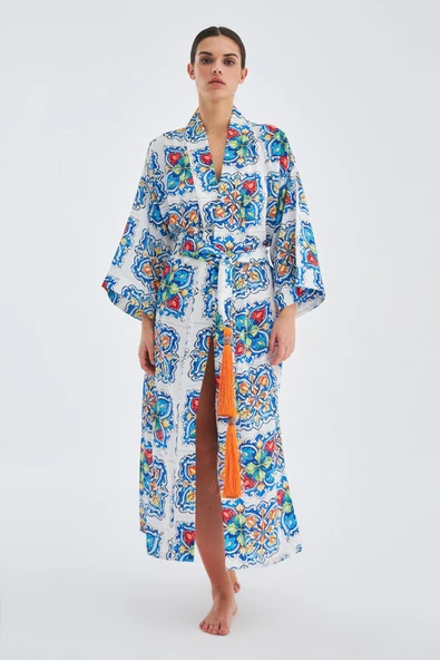 Peraluna RIA KİMONO Çini Desenli 127 CM Püskül Kemer Detaylı Saten Kadın Kimono - Çok Renkli ürün görseli 1
