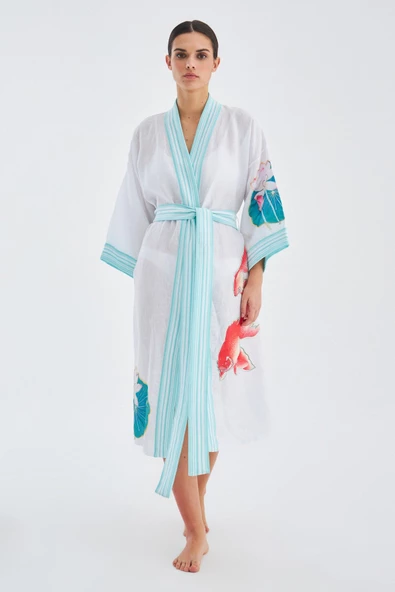 Peraluna LOTUS Balık Aplikeli Keten Karışımlı Diz Altı Kadın Kimono - Beyaz ürün görseli 1