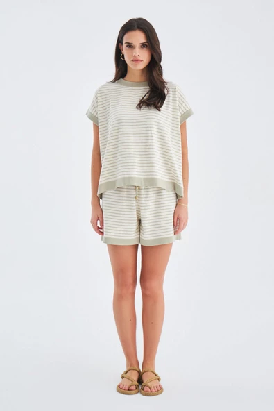 Peraluna VERA BLOUSE & SHORTS Pamuklu Yazlık Kadın Triko Şort Takım - Ekru/Çağla Yeşili ürün görseli 1
