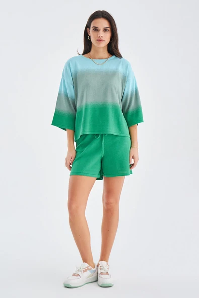 Peraluna SİRİ BLOUSE & SHORTS Yazlık Triko Kadın Şort Takım - Nil Yeşili ürün görseli 1