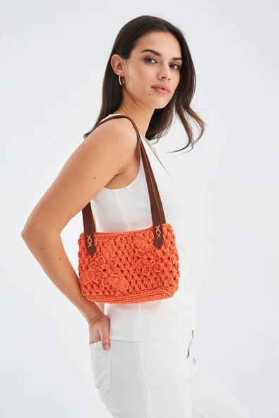 Peraluna AİLA BAG %100 Pamuk Çiçek Desen El Yapımı Kadın Triko Çanta - Neon Turuncu ürün görseli 1