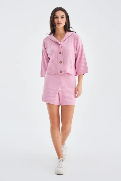 Peraluna MUJO CARDIGAN & SHORTS %100 Pamuk Kadın Triko Şort Takım - Şeker Pembe ürün görseli 1