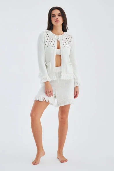 Peraluna MIYOKİ CARDIGAN & SHORTS Mevsimlik Pamuklu Kadın Triko Takım Şort - Kırık Beyaz ürün görseli 1