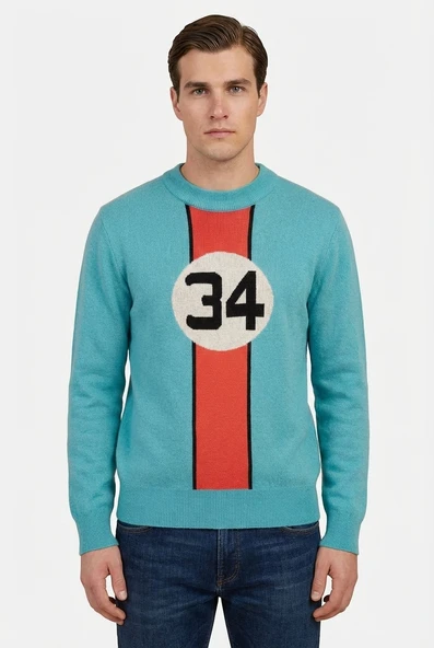 Peraluna SERGIO PULLOVER 34 No Jakarlı Pike Örgülü Mevsimlik Yarışçı Erkek Triko Kazak - Mavi/Turuncu ürün görseli 1