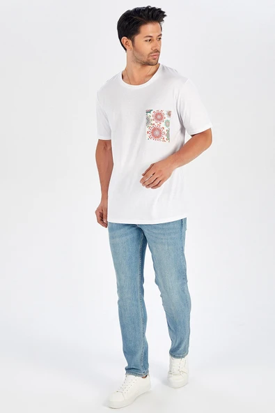 Peraluna Tek Cepli Düz Kesim Uzun Erkek T-Shirt - Beyaz ürün görseli 1